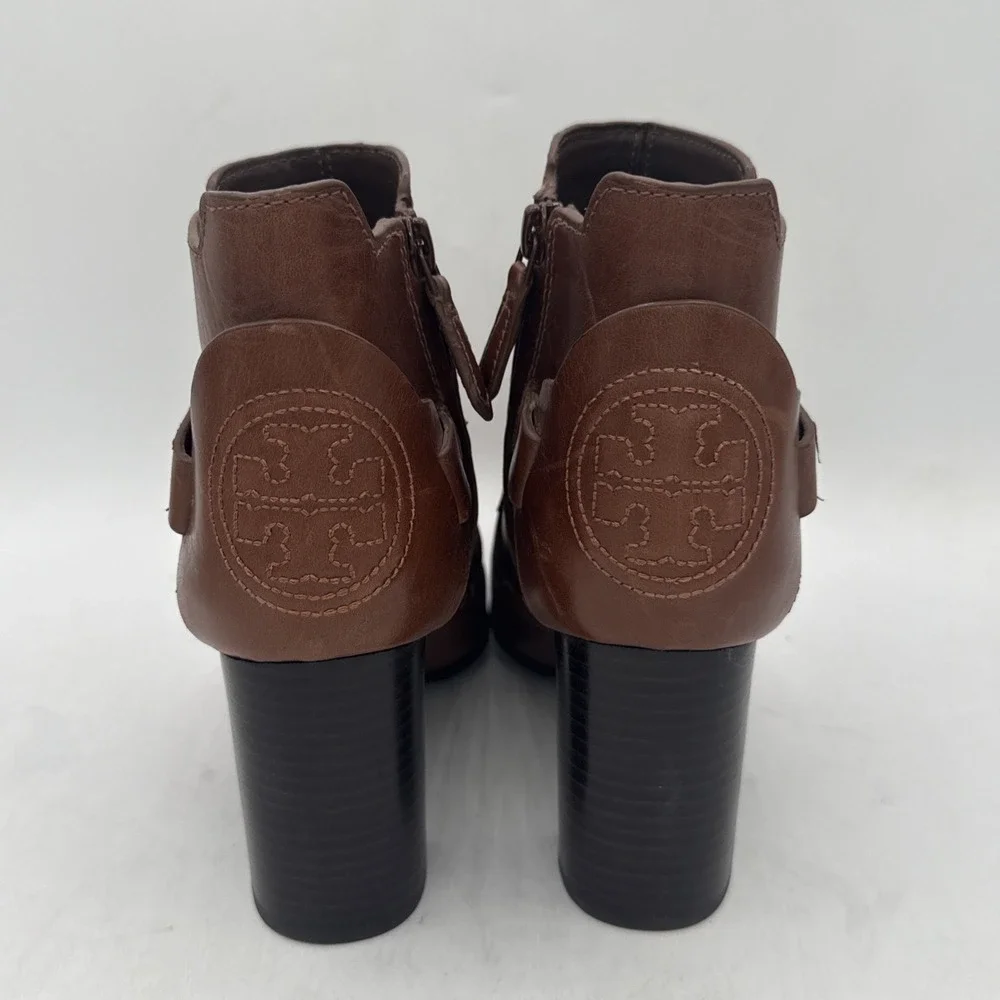 Tory Burch Colton Leather Ankle Boots Brown Heeled Booties Harness Strap Size 6